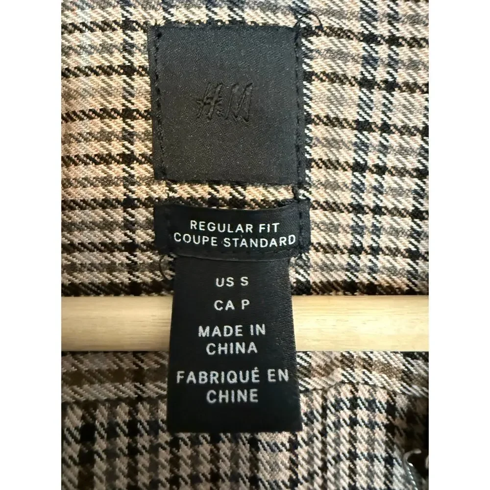 H&M Men’s Regular Fit Glen Plaid Zip Shirt Jacket Shacket Beige Black Size Small